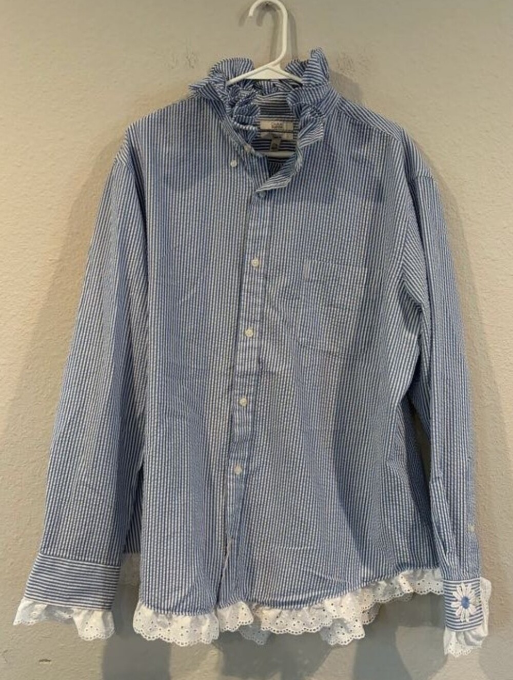 Vintage Blue White Striped Ruffle Floral Patch Upcycled Button Up Pocket Shirt